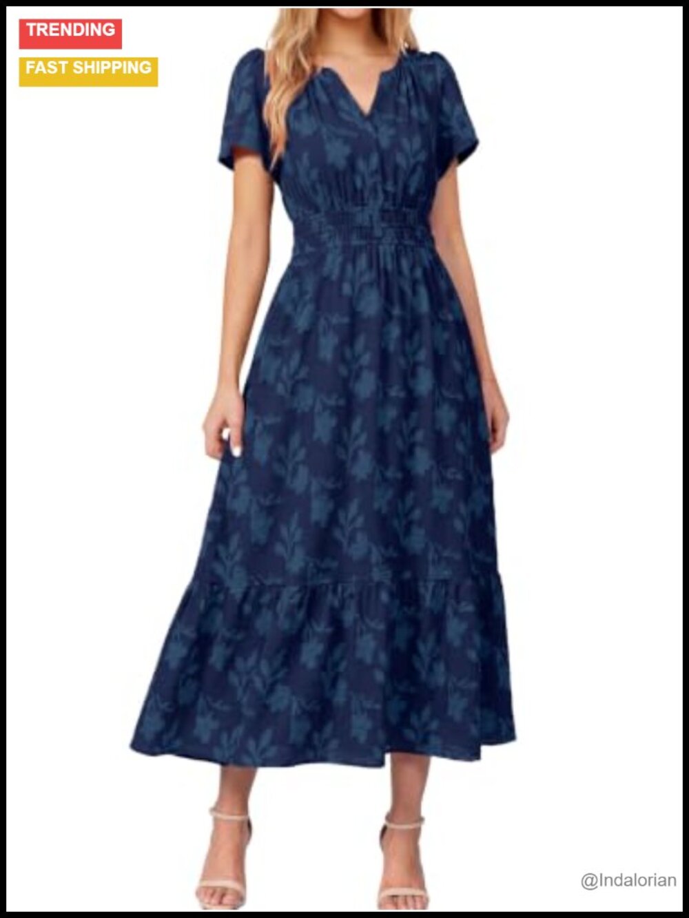 Boho Maxi Dress V Neck Short Sleeve Empire Waist A-Line Semi Formal